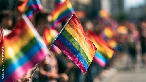 Rainbow Flags Waving In Crowd For Pride Parade Celebrations And LGBTQ Rights