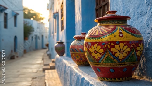 Colorful painted pot on blue wall in indian blue city jodhpur street with warm sunlight and peaceful atmosphere