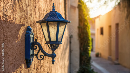 Blue vintage lantern attached to textured wall in indian city street with warm sunlight creating peaceful atmosphere in jodhpur