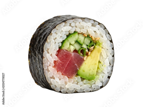 Fresh sushi roll with salmon avocado cucumber and roe isolated on transparent background