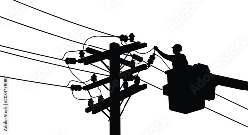 An electrician lineworker on a bucket truck repairing high voltage power lines on a utility pole cad drawing flat vector illustration pitch black solid silhouette