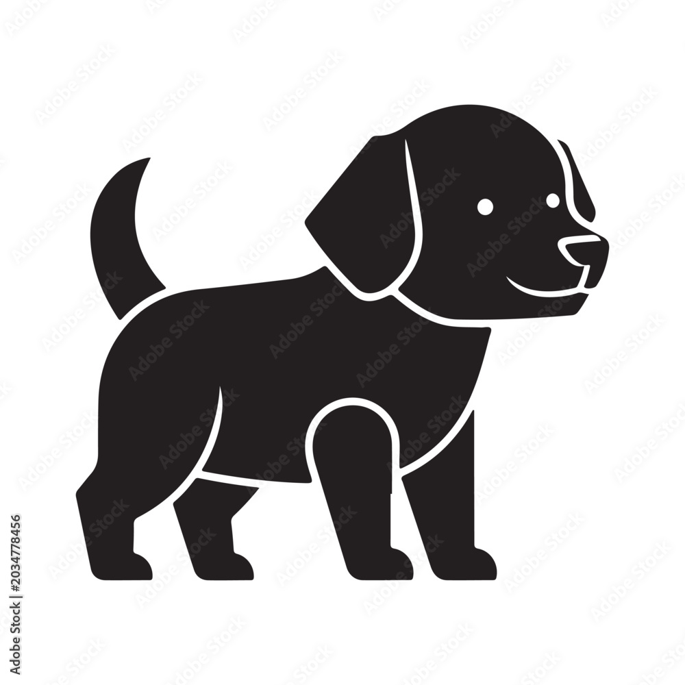 Fototapeta premium Black puppy dog silhouette vector icon with floppy ears and standing pose for pet care branding and animal logo design
