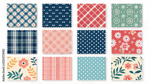 Collection of various colorful fabric patterns on white background