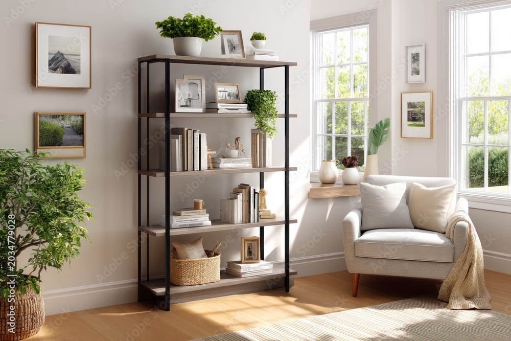 Fototapeta premium Industrial Tall Bookcase with Five Tiers and Nine Open Shelves Isolated on White Background