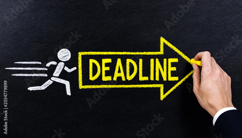 Deadline Time Management Concept with Running Business Symbol and Urgent Productivity Direction on Blackboard