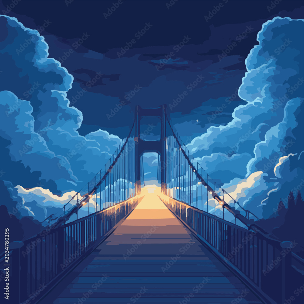 Fototapeta premium A serene night view of a scenic bridge illuminated under a starry sky with soft clouds surrounding it.