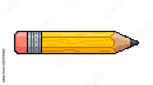 Pixel Art Yellow Pencil with Pink Eraser and Sharpened Tip.