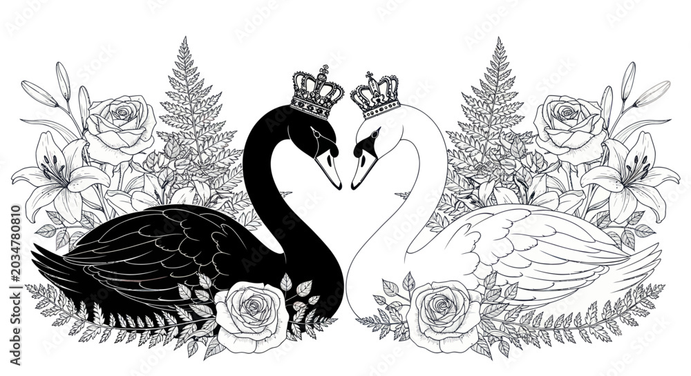 Fototapeta premium Elegant Black and White Swans with Crowns, Romantic Floral Border