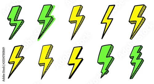 Fotografia Set of Hand Drawn Lightning Bolts, Energy Symbols, Green and Yellow Colors, Whit