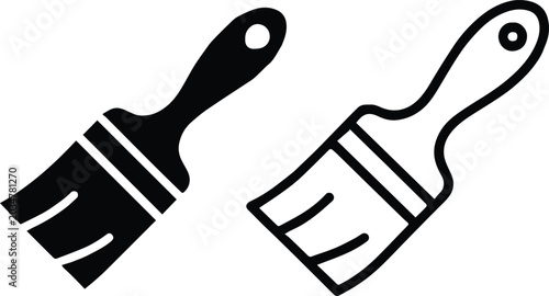 Photography brush paint icon set with crossed bristle tools and bold black outline for creat
