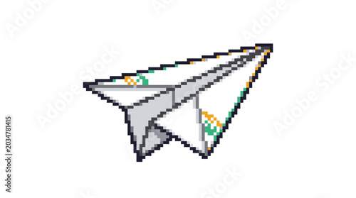 Pixel Art Paper Airplane Flying Forward.