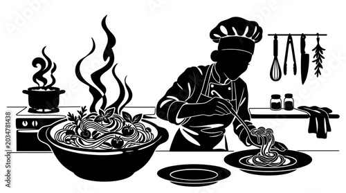Photography Black and white silhouette illustration of a professional chef plating hot pasta