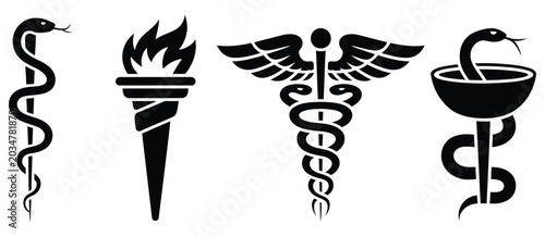 Fotografie Modern caduceus healthcare icons featuring snake staff emblems for professional medical and clinical design