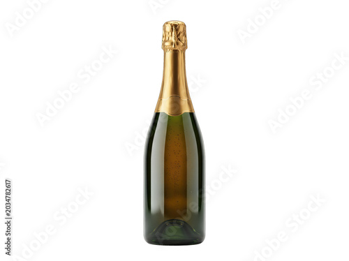 Elegant green wine bottle with golden foil on transparent background