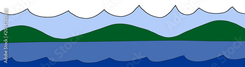 Minimalist landscape illustration of blue water waves, green hills, and light blue sky backdrop.