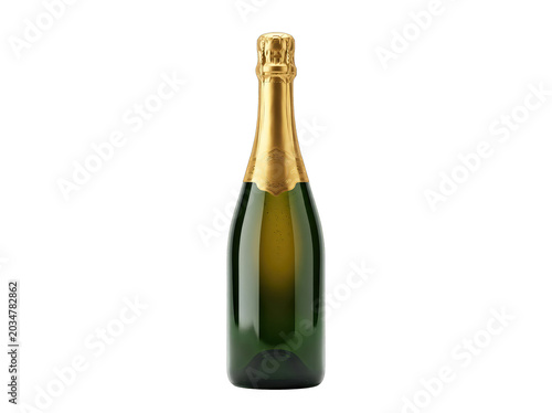 Elegant green champagne bottle with gold foil on transparent background
