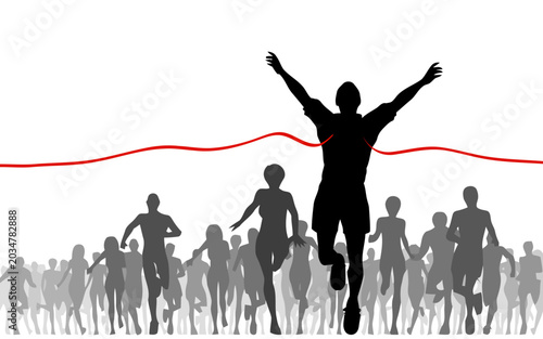 Silhouette of a marathon winner crossing the finish line