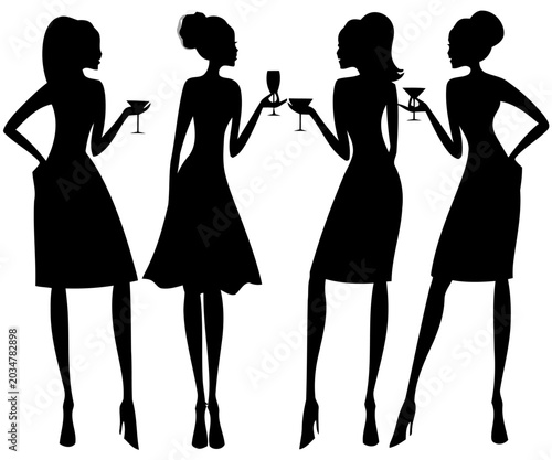 Silhouettes of four women holding cocktails, social party celebration