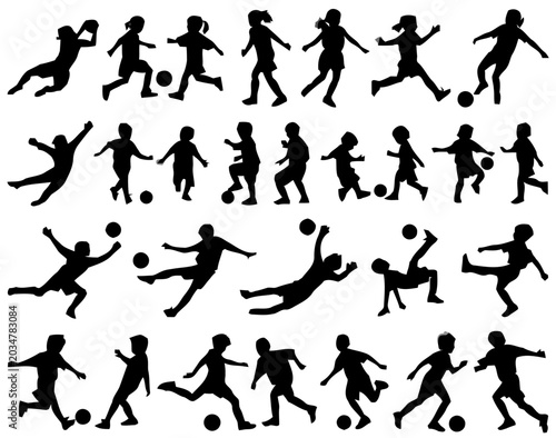 Soccer Player Silhouettes Set, Dynamic Kids Playing Football