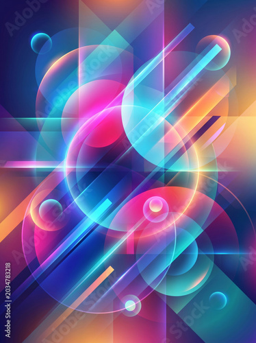 Abstract geometric composition, colorful neon sphere, diagonal line, glowing circle, digital art