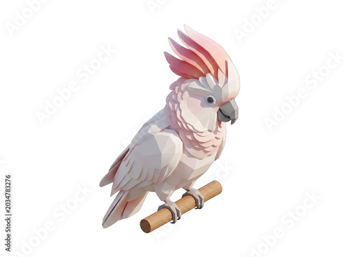 White Cockatoo Bird with Pink Crest Perched on Wooden Branch Isolated on Transparent Background