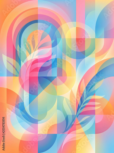 Abstract geometric pattern with pastel circle and leaf overlap