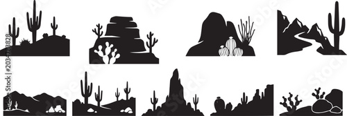Photos Desert landscape with cacti and rock formations in black silhouette style