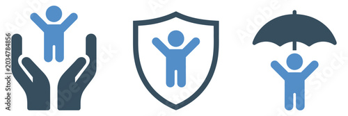 Bild auf Leinwand .Child safety care icon set featuring protection, supervision, healthcare, and f