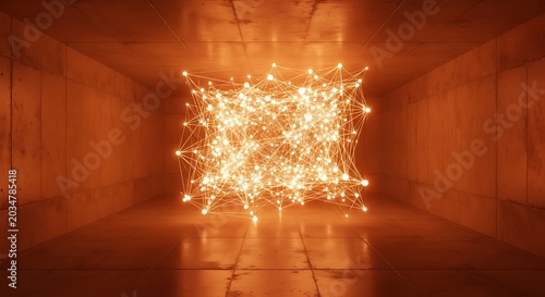 Empty square room with Orange abstract technology network with glowing nodes and lines