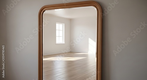 Full length wooden framed mirror reflecting a sunlit empty room.