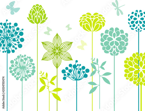 Abstract floral pattern with teal and lime green botanical elements