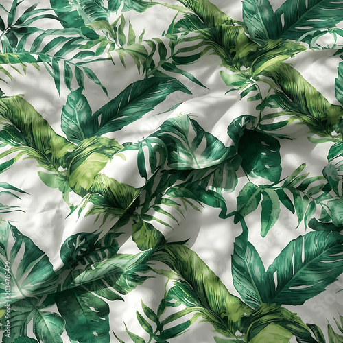 Fresh tropical leaf bed sheet fabric pattern, vibrant green botanical elements, ultra realistic cotton texture, clean modern bedding background