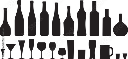 Alcohol bottle and glassware silhouettes set for bar menu design