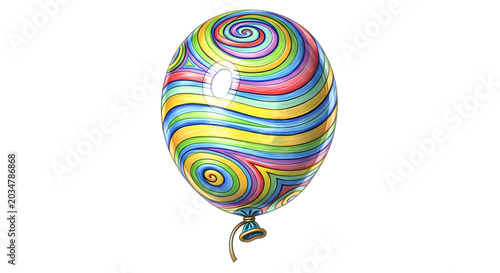 Vibrant colorful balloon with rainbow spiral pattern on white
