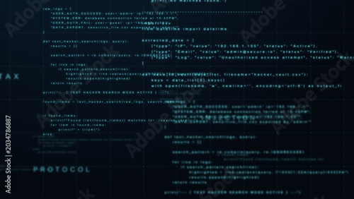 Futuristic digital programming code on software screen
