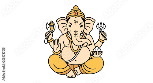 Foto Ganesha Sitting Cross-legged Holding Axe and Trident, Indian Deity Illustration