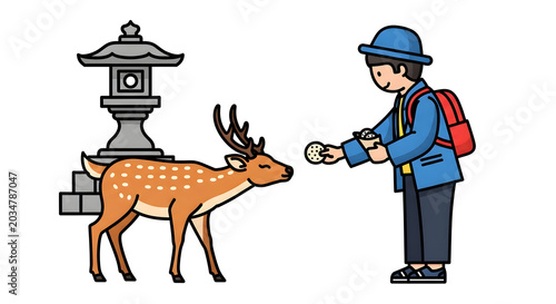 Tourist feeding a wild deer near a traditional stone lantern