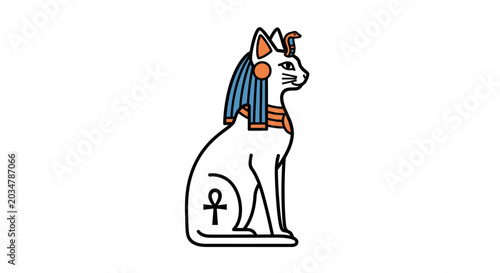 Schilderij op canvas Ancient Egyptian Cat Goddess Bastet Illustration, White Cat with Hieroglyphs