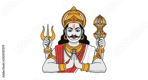 Foto Hindu Deity Shani Dev with folded hands, trident, and mace, colorful illustratio