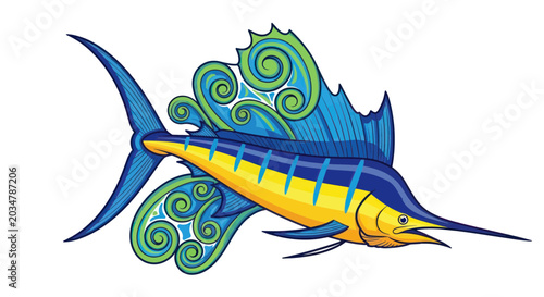 Tableau sur toile Artistic Marlin Fish Illustration with Swirling Blue and Green Patterns