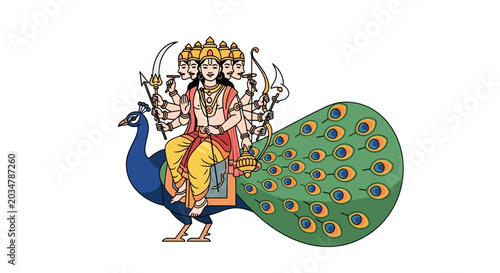 Tableau sur toile Hindu Deity Kartikeya Riding Peacock, Lord Murugan With Multiple Arms and Faces