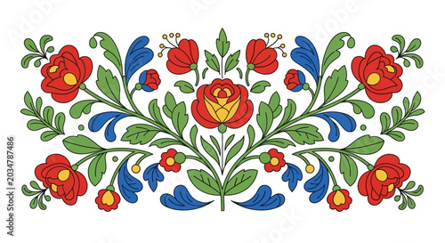 Bild auf Leinwand Folk Art Floral Ornament with Red Roses and Blue Leaves
