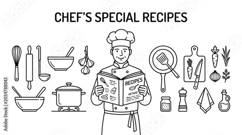 Bild auf Leinwand Chef reading a recipe book with various kitchen tools and ingredients