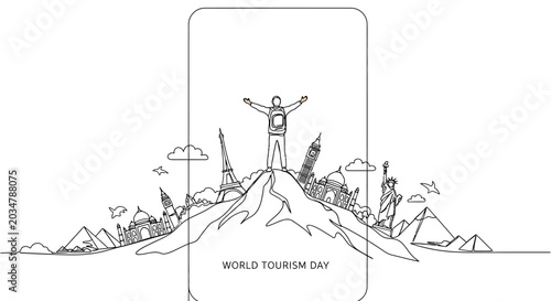 Quadro em tela Continuous line drawing of traveler on mountain with world landmarks
