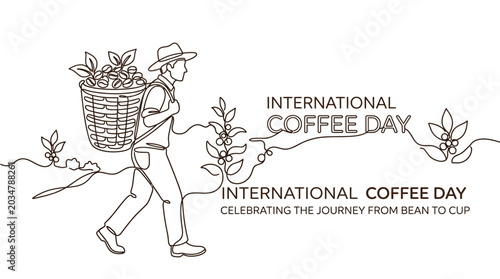Foto Continuous line art illustration of a coffee farmer carrying a harvest basket