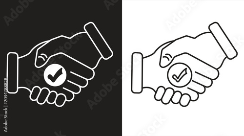 Schilderij op canvas Handshake agreement icon with check mark, symbolizes business partnership, trust agreement and contract protection, vector illustration