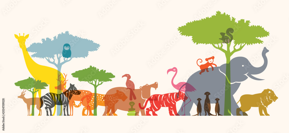 Obraz premium Colorful wild animal silhouettes in savanna landscape illustration