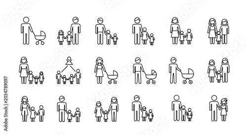 Extensive collection of minimalist line icons representing various family structures and parents with baby strollers.