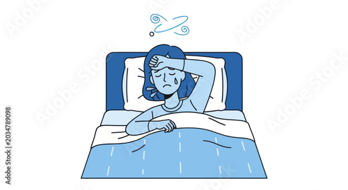 Fotografía Sick woman lying in bed, feeling unwell, fever, headache, illness, cold, flu, sy