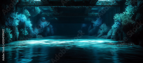 Mystical underwater cave with glowing blue coral and water reflections